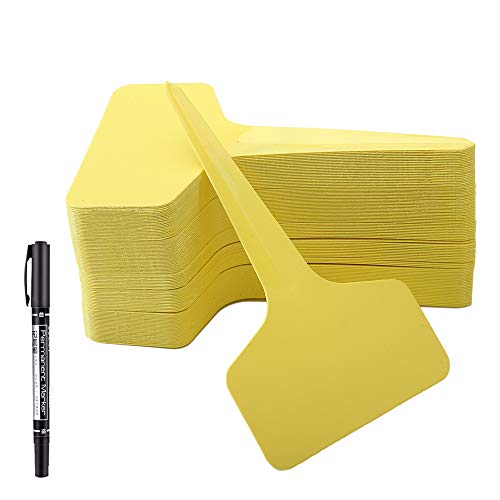 MIHEY 100 Pcs T-Type Plant Labels Tags Garden Markers with Gel Pen, Yellow - color: Yellow
