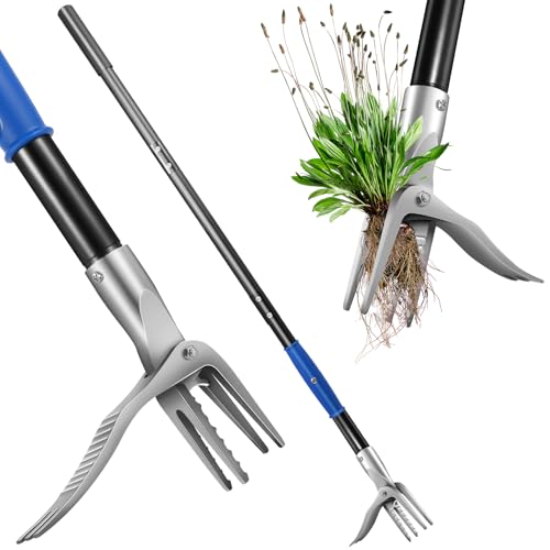 50” weed puller tool for Dandelion,Stand Up Weed puller With Easy-Eject Handle, Weeding Tool with 4 Steel Claw ,Wider Foot Platform Penetrate Tough Soil, weeder Without Bending, Pulling,kneeling