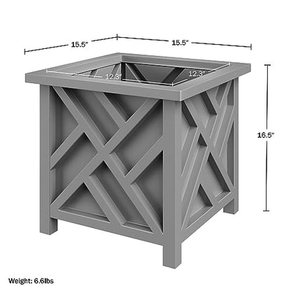 Pure Garden Lattice Design Outdoor Planter Box, Gray, 15.5” Square 16.5” - color: Gray