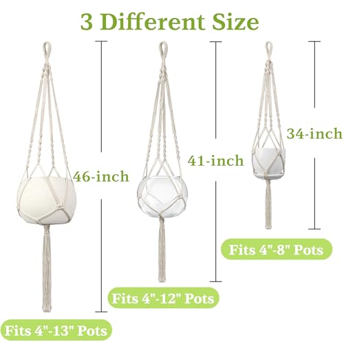 Macrame Plant Hanger - Fits 4-13 Inch Pots, 3-Pack, Ivory - color: 34+41+46in Ivory