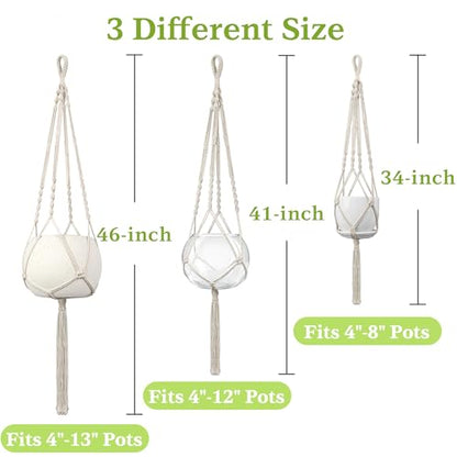 Macrame Plant Hanger - Fits 4-13 Inch Pots, 3-Pack, Ivory - color: 34+41+46in Ivory