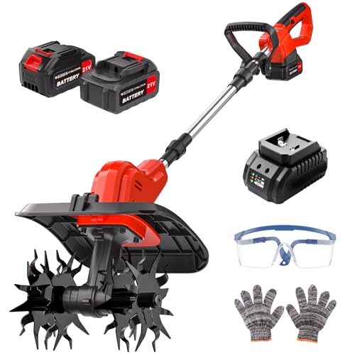 21V Cordless Tiller for Gardening, 120Mins Runtime Rototiller, 11.8" Width 6.6" Depth Garden Tiller with 2x4.0Ah Batteries, 360RPM Electric Cultivator for Lawn/Soil/Cultivation/Garden