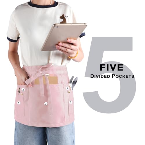 Server Apron with 5 Pockets - Rivet buckle Unisex Short/Half Waiter Waist Short Apron - color: Pink