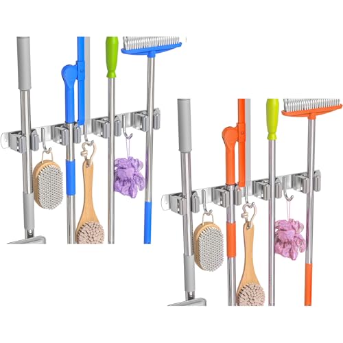 2 Pack Broom Holder Wall Mount Mop Organizer, 4 Racks 3 Hooks