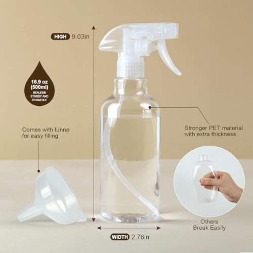 Plastic Spray Bottles (2-Pack, 16.9 Oz) Mist & Stream, Heavy Duty Spraying