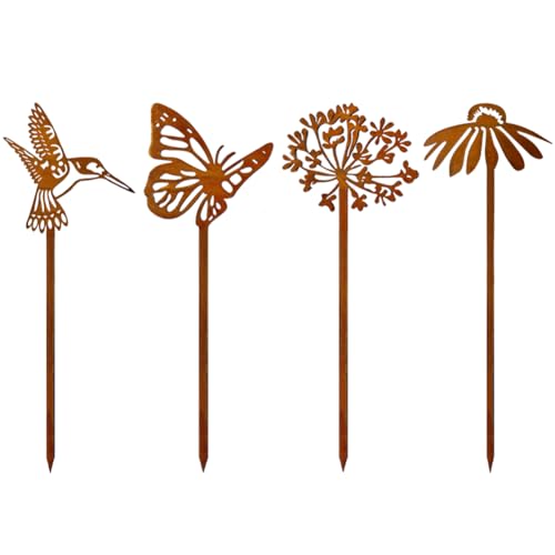 4Pcs Decorative Garden Stakes Plant Stakes Rusty Metal Flowers Hummingbird and Butterfly Garden Decor for Indoor Outdoor Patio Lawn Yard Art 14.18"