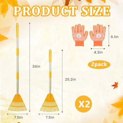 2PCS Adjustable Kids Rakes for Leaves & 2 Pairs Gloves, 34" Plastic Garden Yard Rake Small Childrens Lawn Rake Toddler Leaf Rakes with Detachable Hardwood Handle Gardening Tools for Boy Girl, Yellow - color: 2PCS Plastic Rakes+2 Pair Gloves