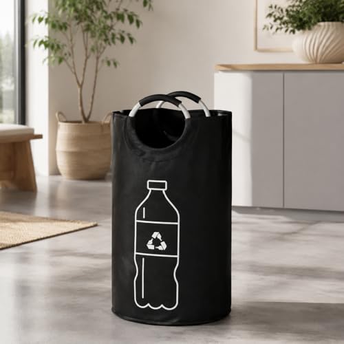 Extra Large Heavy Duty Canvas Waste Bag Cylindrical Folding Recycling Bin Single Storage Container for Yard Work and Home Organization