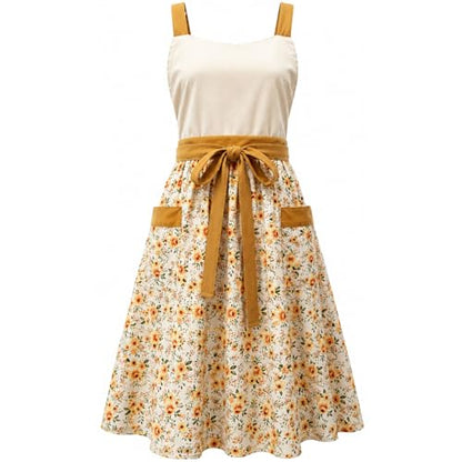 Pinafore Apron Dress for Women with Pockets Adjustable Floral Kitchen Apron - color: Beige