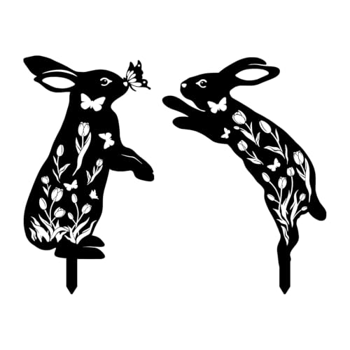 2 Pcs Metal Bunny Garden Stakes, Decorative Rabbit Silhouette Yard Art - color: Bunny