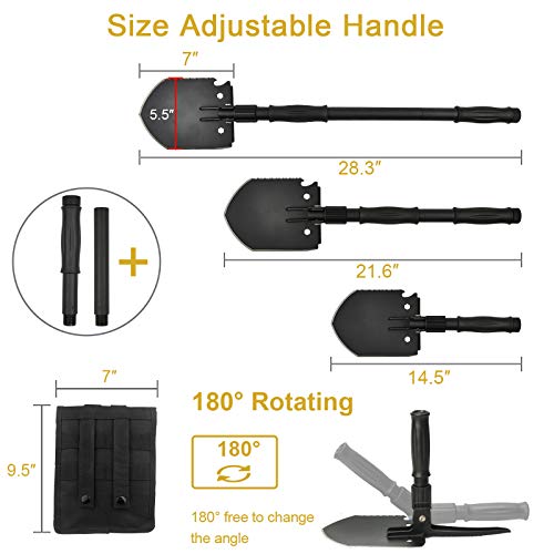 Survival Shovel, (28.3'') Camping Folding Shovel, Military Spade Multitool, Tactical Trench Tool, with Pickaxe, Compass, Whistle, Molle Bag for Digging, Metal-Detecting, Off Roading, Emergency - size: 28.3''