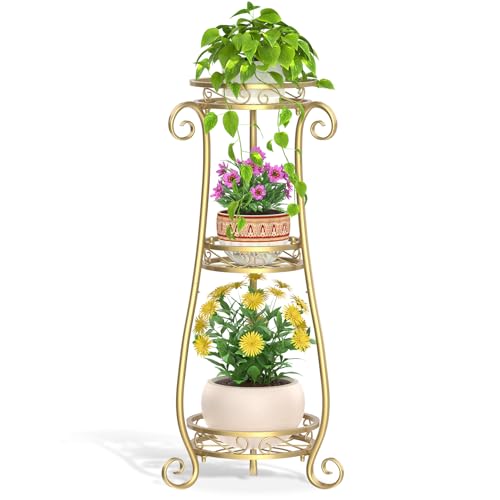 LASZOLA 3 Tiers Metal Corner Plant Flower Stand Tall Indoor Outdoor, Gold - color: Gold, size: 3 Tier