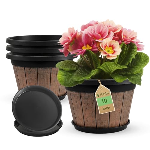 Quarut 4 Pack 10 inch Plant Pots,Whiskey Barrel Planters for Indoor Outdoor - size: 10 inch