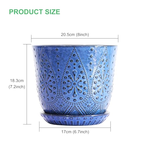 Gepege 8 Inch Ceramic Plant Pot with Drainage & Saucer - color: Blue, size: 8 Inch