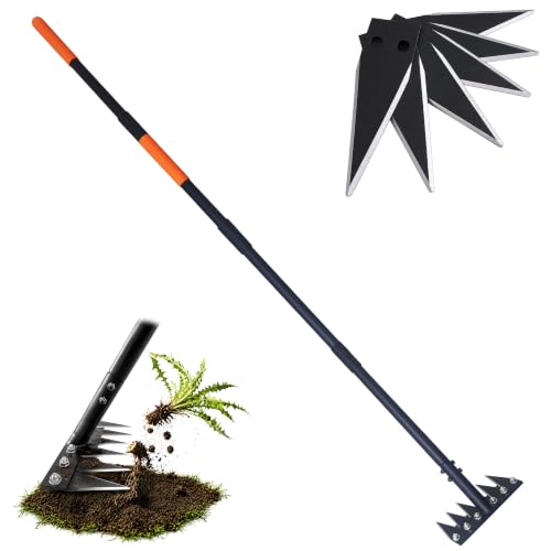 6-Tine Dual-Blade Weed Rake , 35-65" Ergonomic No-Bend Iron Weeding Rake