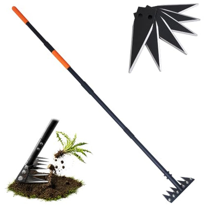6-Tine Dual-Blade Weed Rake , 35-65" Ergonomic No-Bend Iron Weeding Rake