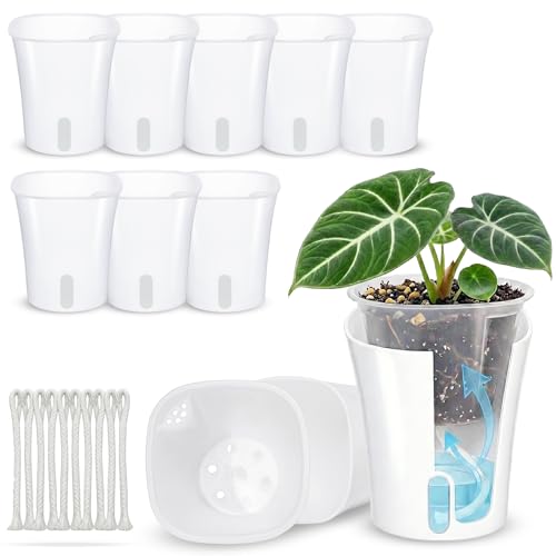 10 Pack 4" Self Watering Small White Plant Pots for Indoor Plants, Clear Inner Cup, Water Level Indicator, Drainage Holes & Wick, for Cuttings, Seedlings, Herb, African Violet, Hoya, Begonia - size: 4" (10 Pack)