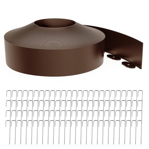 Landscape Edging 4 Inch Tall 80FT with 100Pcs Metal Spikes, Plastic Garden Edging Border Landscape Edging Border Lawn Edging for Landscaping, Flower Bed, Yard(Brown) - color: Brown, size: 80FT