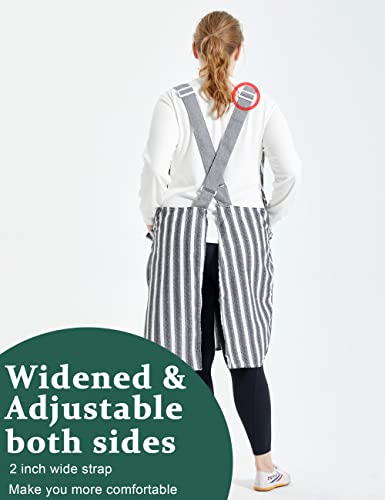 Big Plus Size Aprons for Women with Pockets Cotton Linen Baking Kitchen Cooking - color: Black Stripes