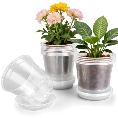 6 Inch Clear Nursery Pots with Drainage and Saucers, 15 Pack Large Clear Plastic Nursery Pots for Plants, Seedling Plant Pots for Repotting and Growing Plants, Flowers & Vegetables (6 inch) - size: 6 inch-15pcs