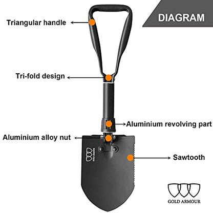 Gold Armour Military Folding Camping Shovel, High Carbon Steel Survival Shovel Entrenching Tool Handle with Carrying Pouch