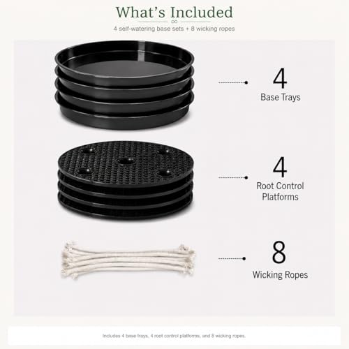 Self Watering Plant Saucers 4 Pack, 13.6 Inch Plastic Plant Saucers with Raised Grid Platforms and 8 Wicking Ropes, for Plant Pots, Fabric Grow Bags, Indoor and Patio Planters, Black