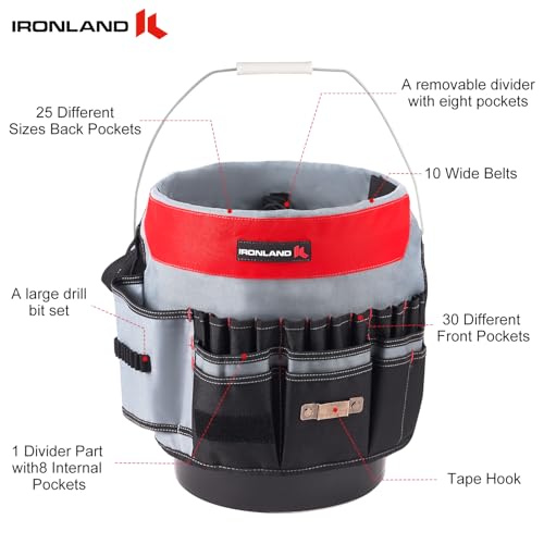 IRONLAND Bucket Tool Organizer Fit 3.5-5 Gallon Bucket, 64 Pockets, Bucket Tool Caddy Organization for Garden, Construction, Carpenter, Electrician, Builder red - size: Medium - 64 Pockets