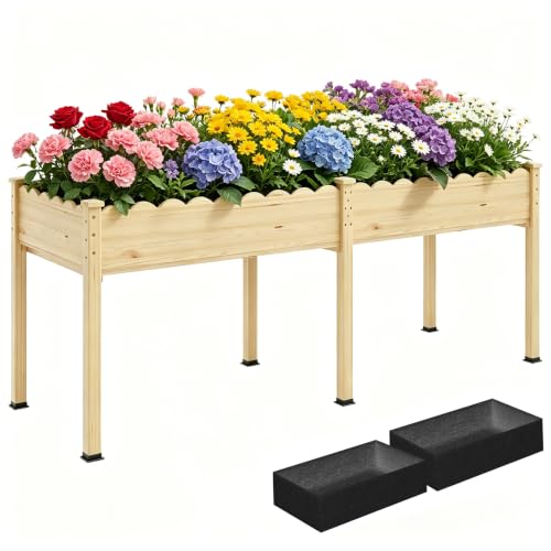 Raised Garden Bed with Legs, 72x24x30in Tall Wooden Elevated Planter Box with Liner for Flowers Vegetables Herbs, Wavy Profile Outdoor Raised Bed for Balcony/Patio/Backyard - size: 72x24x30in
