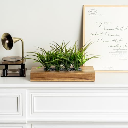 MyGift Artificial Grass Plant in Rectangular Wood Planter (Acacia, 10 Inch) - color: Acacia Wood, size: 14 Inch