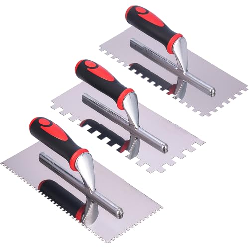 Stainless Steel Square Notched Trowel Set - 3 Piece Kit (5/32", 5/16", 1/2" Notch Sizes) for Wall & Floor Tile Installation - Masonry Tiling Hand Tools