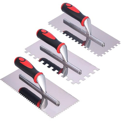 Stainless Steel Square Notched Trowel Set - 3 Piece Kit (5/32", 5/16", 1/2" Notch Sizes) for Wall & Floor Tile Installation - Masonry Tiling Hand Tools