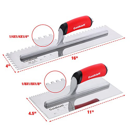 Goldblatt 2-Piece Notch Trowel Set, 1/8"X1/8" Square & 1/4"X1/4" Square, Made of Premium Stainless Steel with Soft Grip Handle, Perfect for Masonry Tile Work