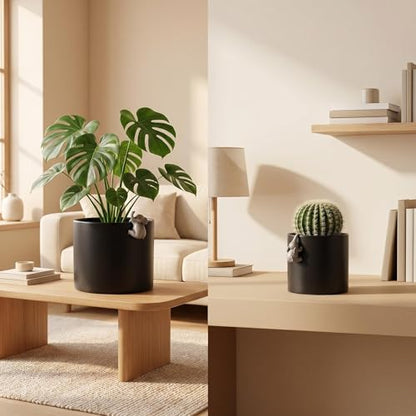 Plant Pot with Climbing Elephant Statues, 5 & 7 Inch, Matte Black, Set of 2 - color: Black E2