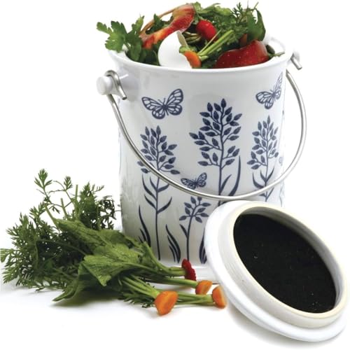 Frontier Natural Products Co-op 223693 Culinary Accessories Cleaning Solutions Ceramic Floral Blue Compost Keeper 8 x 10