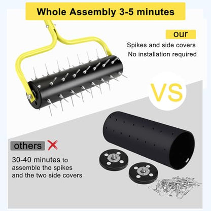 21" Rolling Lawn Aerator, 45 Preassembled Spikes, Only Needs 3-5 Minutes to Assemble, No Looseness, Good Package, 75" Long Handle with Quick Clip Connections, U-Shape Construction - Yellow. - size: Yellow