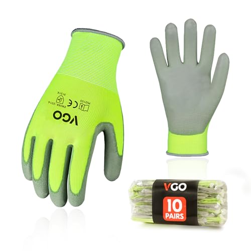 Vgo... 10Pairs PU Coated Safety Work Gloves,Gardening Gloves (PU2103,L) - color: Yellow, size: Large