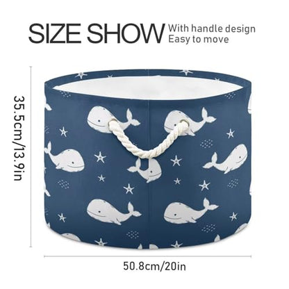 Navy Blue Whale Round Storage Basket Collapsible with Handle - color: Navy Blue