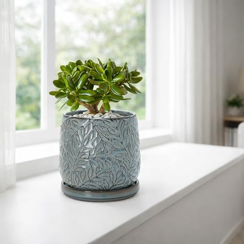 D'vine Dev Embossed Leaves Ceramic Planter, 5 in, Graphite Blue, 27-A-V-9 - color: Graphite Blue, size: 5 Inch