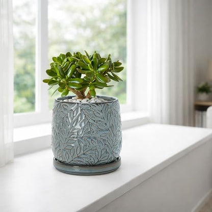 D'vine Dev Embossed Leaves Ceramic Planter, 5 in, Graphite Blue, 27-A-V-9 - color: Graphite Blue, size: 5 Inch