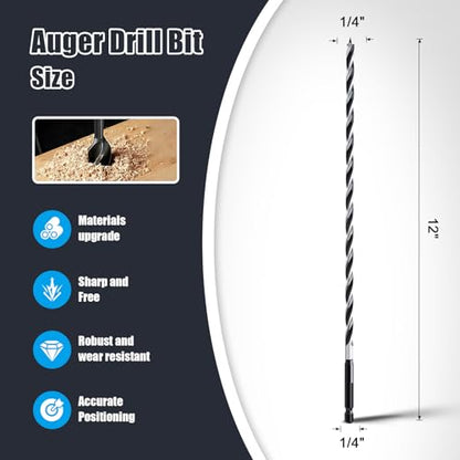 1/4" x 12" Auger Drill Bit for Wood,Hex Shank Tri Flute Drill Bit - size: 1/4"x12"
