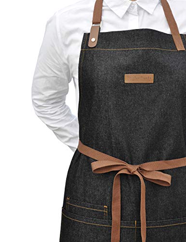 Black Denim Cooking Apron with Pockets for Men Women - color: Black Denim 7#