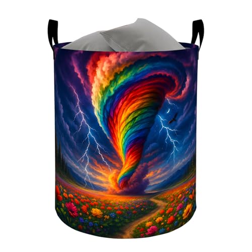 Rainbow Tornado Laundry Basket, Colorful Whirlwind Floral Decorative Gifts Storage Hamper, Waterproof Oxford Cloth Collapsible Bin, 19.7*15.7 Inch Dramatic Landscape Clothes Organizer for Home - color: Tornado