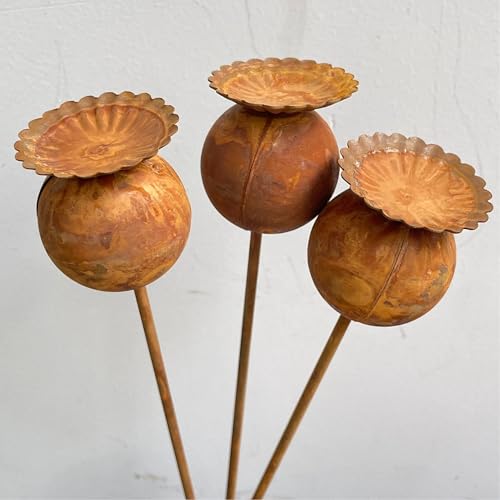 Set of 3 Rustic Metal Coneflower Garden Stakes,Rusty - color: Coffee