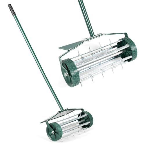GYMAX Lawn Aerator, 17inch Heavy Duty Rolling Aerator with Sharp Spikes & Anti-Slip Handle, Push Grass Lawn Aerator for Garden, Yard, Manual Aerator Tool (with Fender) - style: WIth Fender