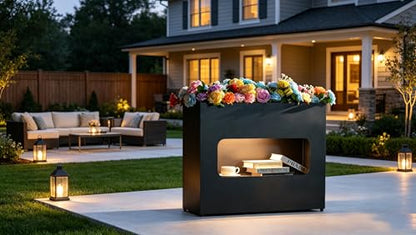 Outdoor Planter Box Metal Black Rectangular - color: Black With Light