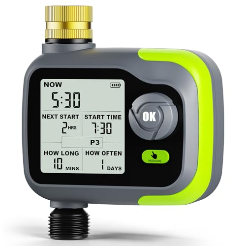 Sprinkler Timer, Watering Timer Brass Inlet for Garden Hose, Programmable Hose Timers w/Rain Delay, Outdoor Soaker Auto& Manual Drip Irrigation Controller System for Lawn Yard Greenhouse