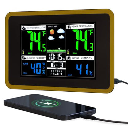 Weather Station Wireless Indoor Outdoor Thermometer, Alarm Clock - color: Black&Brown