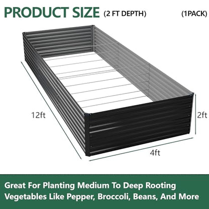 Vengarus 12x4x2ft Galvanized Raised Garden Bed,Metal Raised Beds Kit Black - color: Black, size: 12x4x2 ft