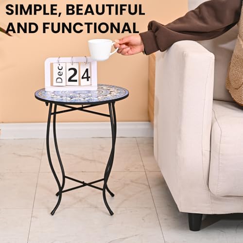 Round Side Table, 17“ H Easy Assembly Weather Resistant Metal Accent Table - color: Blue
