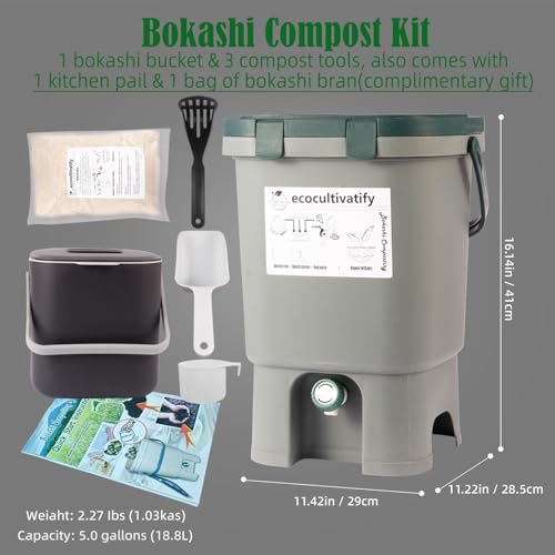 20L Bokashi Compost Bin, 5.28 Gallon Compost Bin for Kitchen Composter with Lid, Bokashi Start Kit with Bran (Tan & Dark Green) (18.8L/5 Gal Grey) - color: 18.8L/5 Gal Grey